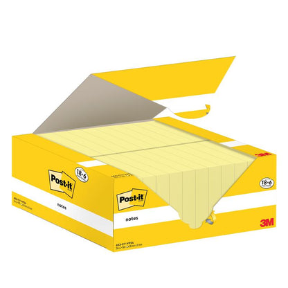 O cutie deschisă alb-galbenă de Post-it® Notes (3M Deutschland GmbH) arată mai multe notițe galbene în interior. Cutia conține 18 blocuri + 6 gratuit (38x51mm, 100 foi/bloc), certificat PEFC, cu logo și informații despre produs.