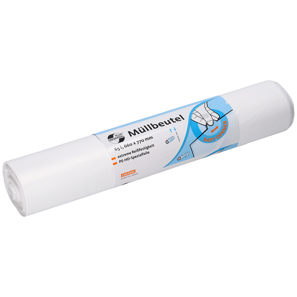 Un rolă EMIL DEISS KG (GmbH + Co.) DEISS 46918 saci de gunoi (660x770x0,015 mm, alb, 50 bucăți) ambalată într-o etichetă cu "saci de gunoi", informații despre produs, o mână care ține un sac și simboluri de eliminare sau depozitare.