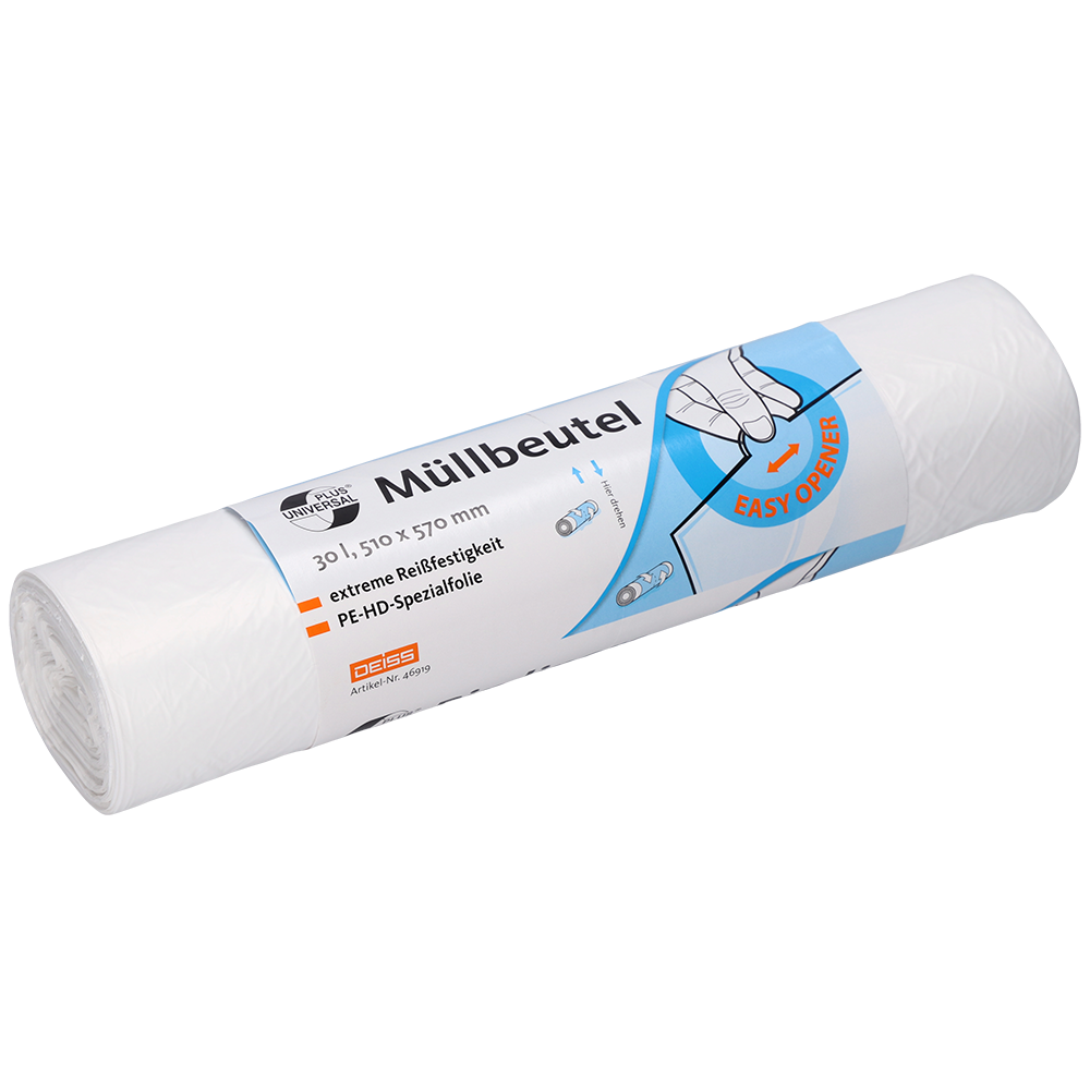 Un rolă de saci de gunoi DEISS 46919 albi de la EMIL DEISS KG (GmbH + Co.), etichetată cu "Saci de gunoi", 30L, 510 x 570 mm, igienici ca prosoapele de unică folosință, cu instrucțiuni de deschidere simplă pe ambalaj. Conține 100 de saci pe rolă.