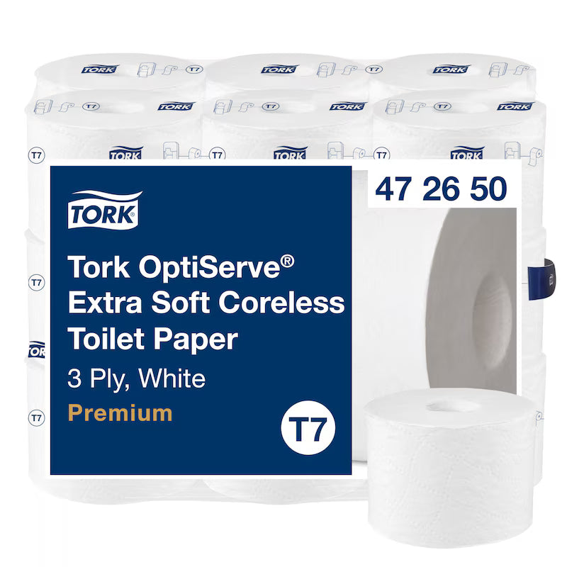 Hârtie igienică Tork OptiServe extra-moale, fără tub, T7, cu 3 straturi, albă, 18 role a câte 550 de foi | Pachet (18 role)