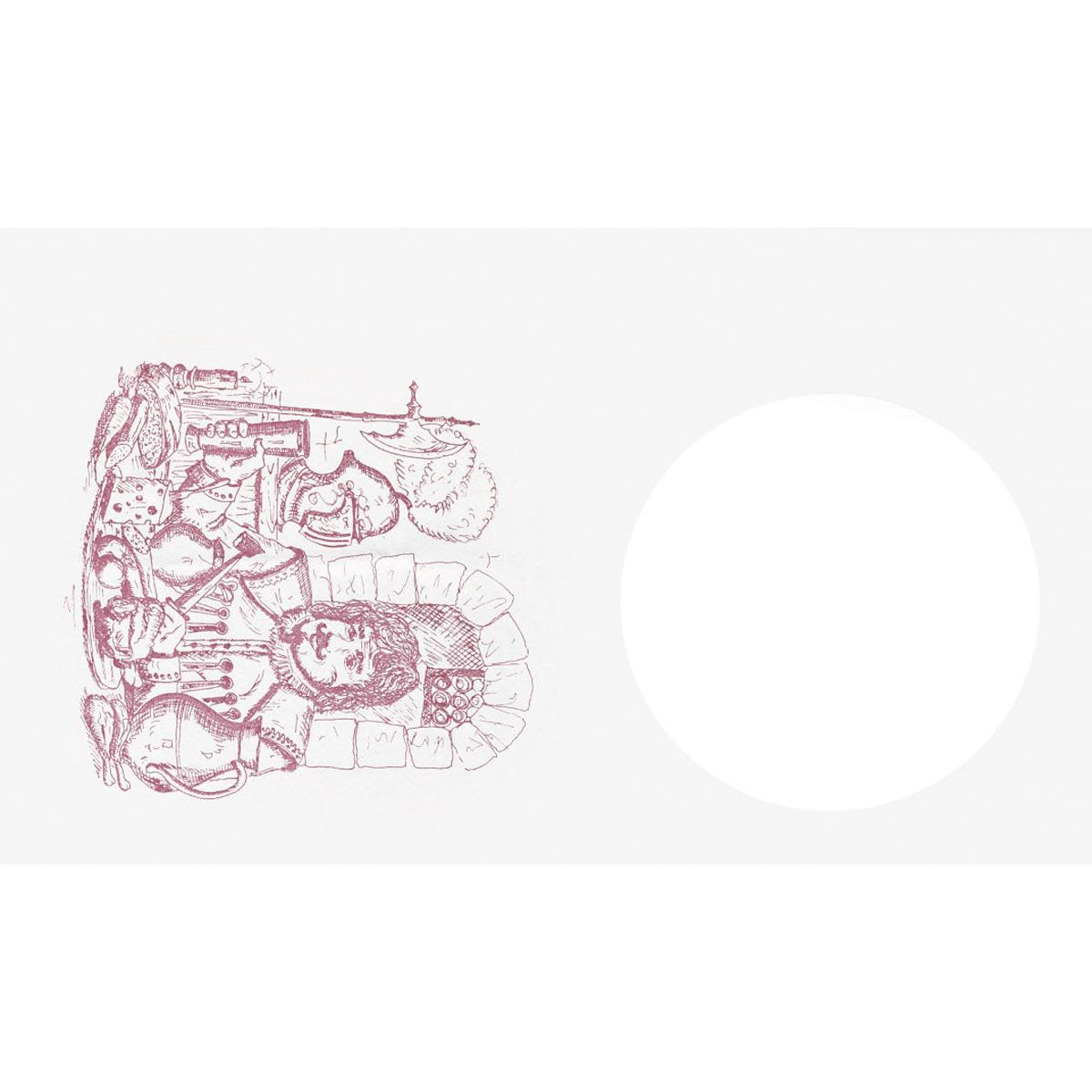 Eine Strichzeichnung zeigt einen Koch an einer Küchentheke mit Lebensmitteln, Utensilien und Dunicel-Lätzchen 40x60cm für Kinder - Speisender Ritter Design (Duni GmbH), links von einem großen leeren weißen Kreis auf einfarbigem Hintergrund. Packung mit 500 Stück.