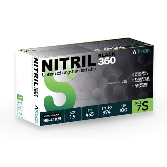 O cutie de mănuși de unică folosință Altruan Nitril 350 Black (negre) de la BINGOLD GmbH + Co. KG: mărimea 7S, fără latex, nesterile, fără pudră – 100 de bucăți pe cutie, cu design negru/verde.