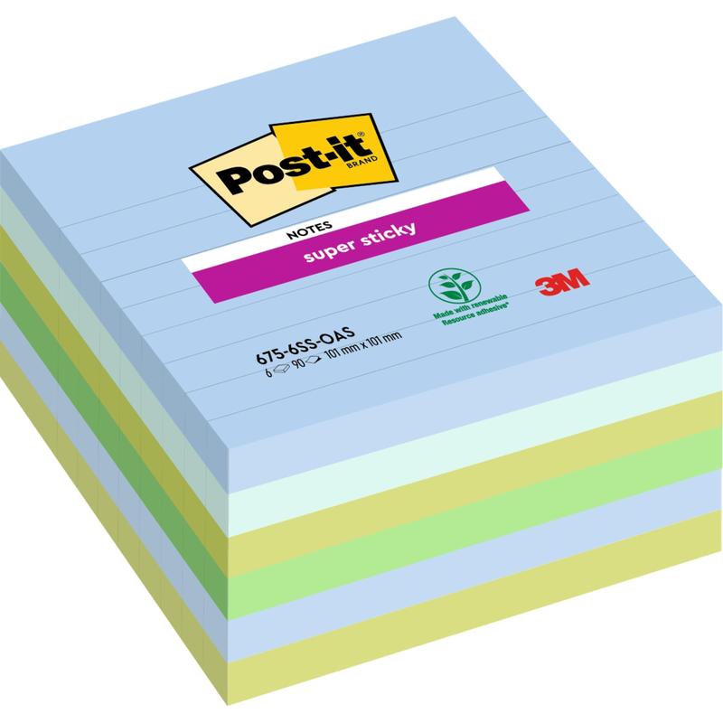 Un teanc de Post-it® Super Sticky Notes mari (101 x 101 mm, 90 foi, 100% PEFC) de la 3M Deutschland GmbH. Prima foaie este prevăzută cu branding și certificare forestieră.