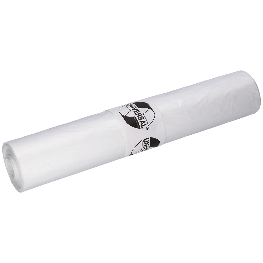 Eine Rolle EMIL DEISS KG (GmbH + Co.) DEISS 49009 Müllsäcke, 690x790x0,02 mm transparent (50 Stück), mit einem "UNIVERSAL"-Etikett, ist sauber verpackt und auf einem schlichten hellen Untergrund platziert.