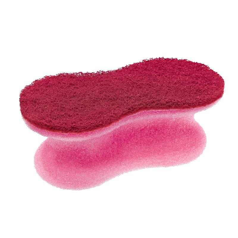 Buretele de curățare Scotch-Brite® Delicate Color Comfort care nu zgârie (2 bucăți per pachet) de la 3M Deutschland GmbH oferă o parte abrazivă texturată și o parte moale de burete - ideal pentru suprafețe delicate, izolat pe fundal alb.