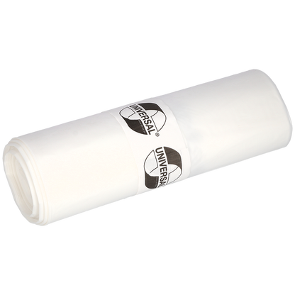 Eine Rolle EMIL DEISS KG (GmbH + Co.) DEISS Abfallsäcke 575x1000x0,018 mm aus HDPE 50 l, verpackt mit einer beschrifteten Papierbanderole. Diese stabilen weißen Müllsäcke sind ideal für den täglichen Gebrauch. Abgebildet auf einem unifarbenen, hellen Hintergrund.