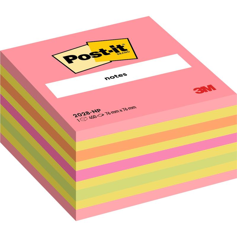 Un cub cu 450 foi Post-it® Notes (76 x 76 mm) de la 3M Deutschland GmbH, cu note roz, galbene și verzi. Cod produs: 2028-NP. Fabricat din hârtie certificată 100% PEFC.