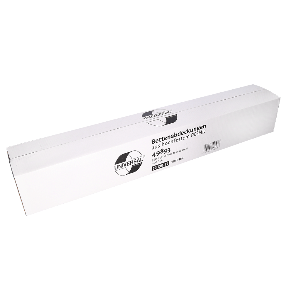 O cutie dreptunghiulară albă cu inscripția "UNIVERSAL" conține huse transparente pentru pat EMIL DEISS KG (GmbH + Co.) 3200x950 mm, denumirea produsului DEISS 49893, pachet de 200 de bucăți, cu text în limba germană pe față.