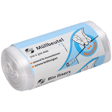 Eine Rolle EMIL DEISS KG (GmbH + Co.) DEISS 49909 Beutel, 310x370 mm transparent (50 Stück), mit blau-weißem, zweisprachigem Etikett mit Angaben zu Größe, Reißfestigkeit und Öffnungshilfe mit handgezeichneten Illustrationen.