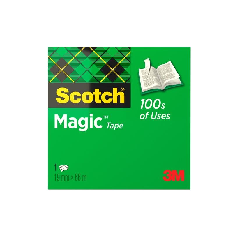 O cutie verde de bandă invizibilă Scotch® Magic™ de la 3M Deutschland GmbH, etichetată cu „100s of Uses”, cu o grafică a unei cărți deschise; conține 1 rolă (19 mm x 66 m).