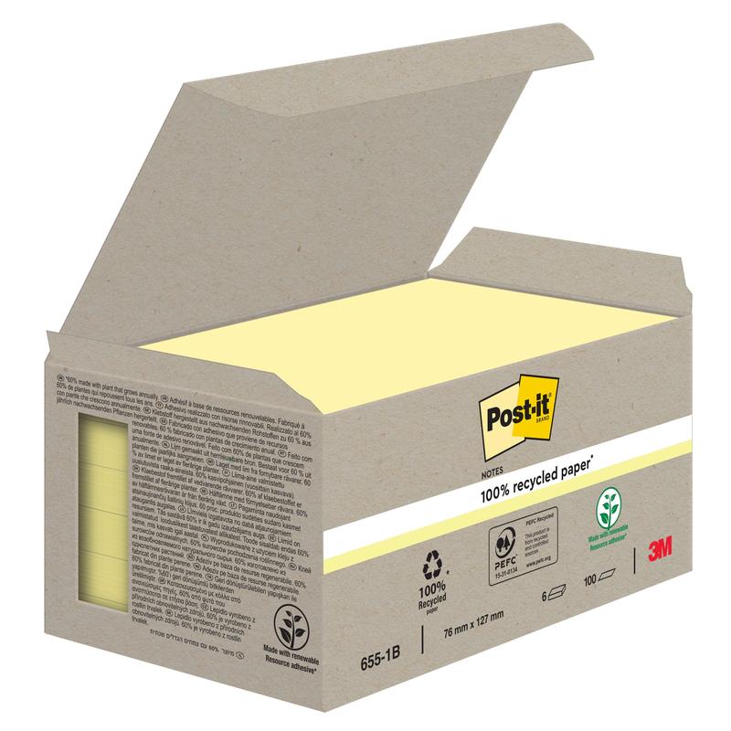 Un carton deschis arată stivuite Post-it® Notes de reciclare galbene (76 x 127 mm, 100 foi/bloc, 6 blocuri) de la 3M Deutschland GmbH. Eticheta arată "100% PEFC", simboluri de reciclare, SGSCH-PEFC-COC-110078 și logo-ul 3M.