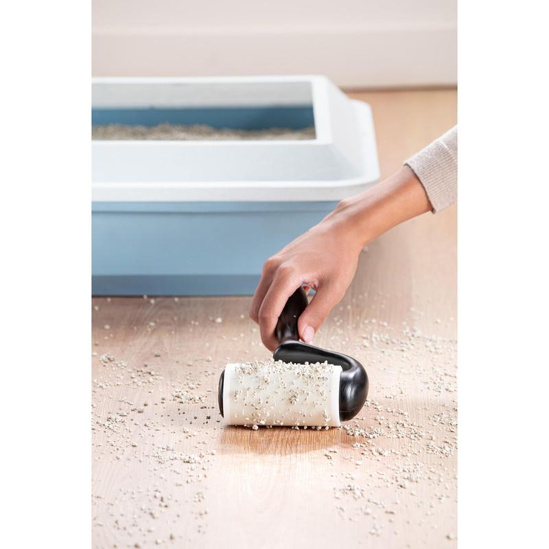 O mână folosește roleul de scame Scotch-Brite™ Everyday Clean pentru suprafețe plane (56 de foi, 1/pachet) de la 3M Deutschland GmbH pentru a aduna nisip de pisici împrăștiat de pe un podea de lemn, în fundal se vede o litieră cu capac albastru.