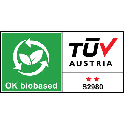 O etichetă de certificare pe suportul de birou Scotch® C38 negru + bandă adezivă Scotch® Magic™ (3M Deutschland GmbH) arată o cutie verde „OK biobased” cu frunze/săgeți și o cutie albă TUV AUSTRIA cu două stele roșii și S2980.