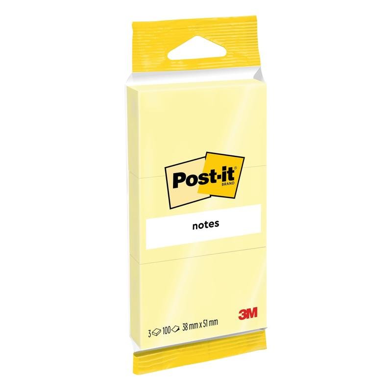 Un pachet de Post-it® Notes 6810GB, 38 x 51 mm, galben, 3 blocuri a câte 100 de foi de la 3M Deutschland GmbH; bilețele adezive ideale pentru amintiri și fabricate din hârtie certificată 100% PEFC (SGSCH-PEFC-COC-110078).