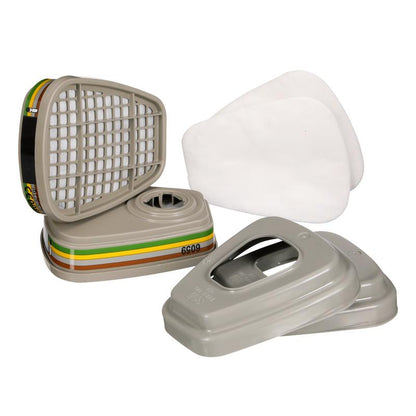 Setul de filtre 3M™ 6004-1 de la 3M Deutschland GmbH conține două filtre combinate ABEK1P3 (2x6059), două covorașe de filtru (2x5935) și două capace de plastic (2x501) pe fundal alb.