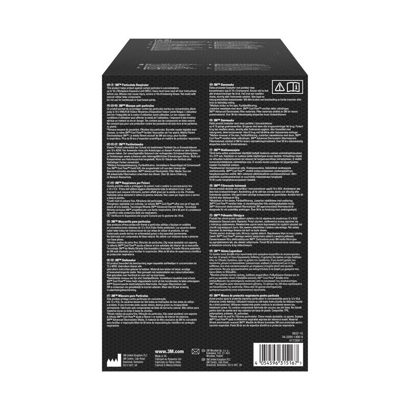 Partea din spate a unei cutii negre de la 3M Deutschland GmbH cu text alb în mai multe limbi, care descrie masca de particule 3M™ Cool Flow™ 8822, FFP2, cu supapă. În partea de jos sunt detalii despre produs, instrucțiuni, avertismente de siguranță, simboluri și un cod de bare.