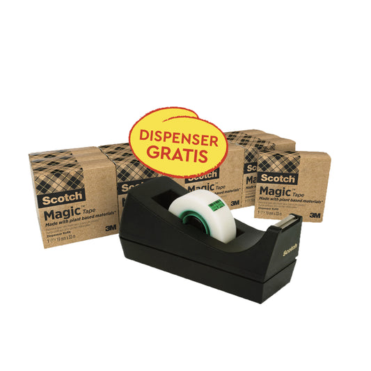 Hinter einem schwarzen Scotch® Abroller C38 zeigt eine Packung 14 Rollen Scotch® Magic™ Klebeband (19 mm x 33 m, 66 % pflanzlicher Klebstoff) von 3M Deutschland GmbH. Ein Etikett weist auf den GRATIS Abroller hin.