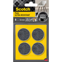 Un pachet de 3M Scotch® tampon de pâslă extrem de rezistent SP87A36 conține patru tampoane de pâslă rotunde, gri, autoadezive (Ø 34 mm) pentru protecția mobilierului. Tampoanele de pâslă gri (4/pachet) sunt ilustrate în imaginea din dreapta sus sub picioarele scaunului.