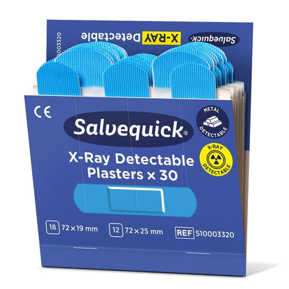 O cutie de Orkla Wound Care AB Salvequick detectabilă cu raze X, 30 de bucăți/reumplere plasturi (pachet de 6), cu plasturi detectabili cu metal și raze X în două dimensiuni.
