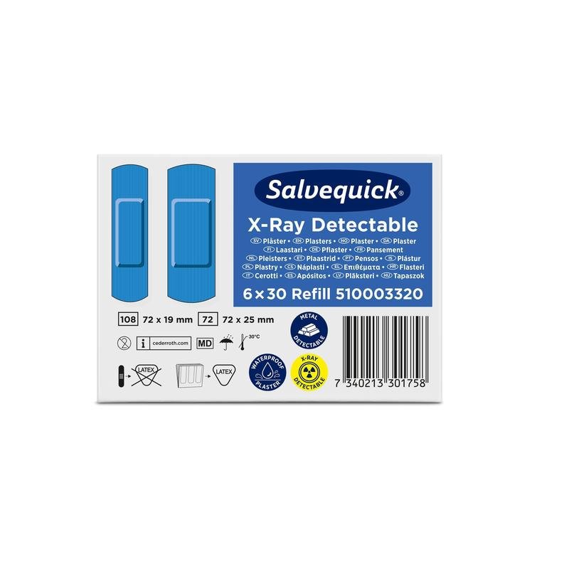Cutie de Orkla Wound Care AB Salvequick detectabilă cu raze X (30 de bucăți/reumplere), pachet de 6 bucăți, arată plasturi albaștri în stânga și dreapta informații despre produs, cum ar fi dimensiunea, cantitatea și textul multilingv.