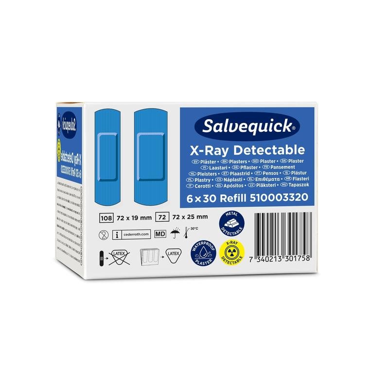 Un pachet Salvequick detectabil cu raze X de la Orkla Wound Care AB, 6 x 30 de bucăți de reumplere (în total 180 de plasturi), cu informații despre produs, simboluri, coduri de bare și grafică cu plasturi albaștri pe cutie.
