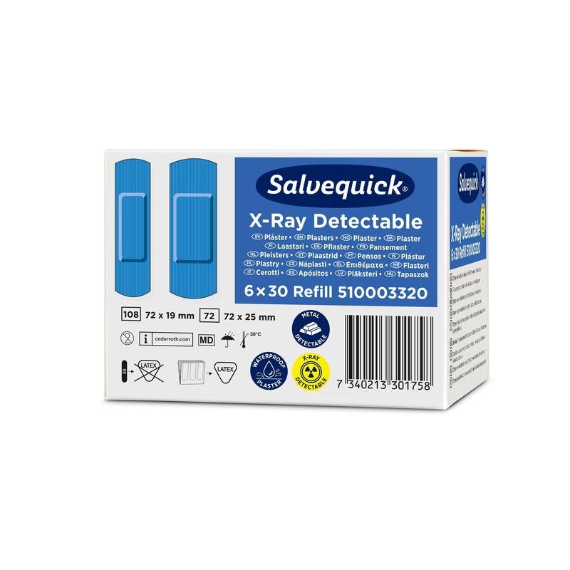 Un pachet de Orkla Wound Care AB Salvequick plasturi detectabili cu raze X (30 de bucăți/reumplere), șase pachete pe cutie, ilustrat cu bandaje albastre și informații despre produs pe un ambalaj alb-albastru.