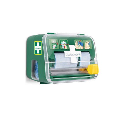 Dispenserul Cederroth de bandaj din spumă moale 2-în-1 de la Orkla Wound Care AB este un set de perete verde-alb cu capac transparent, care conține materiale de bandaj (6 bucăți) și are un ghid ilustrat pe partea frontală.