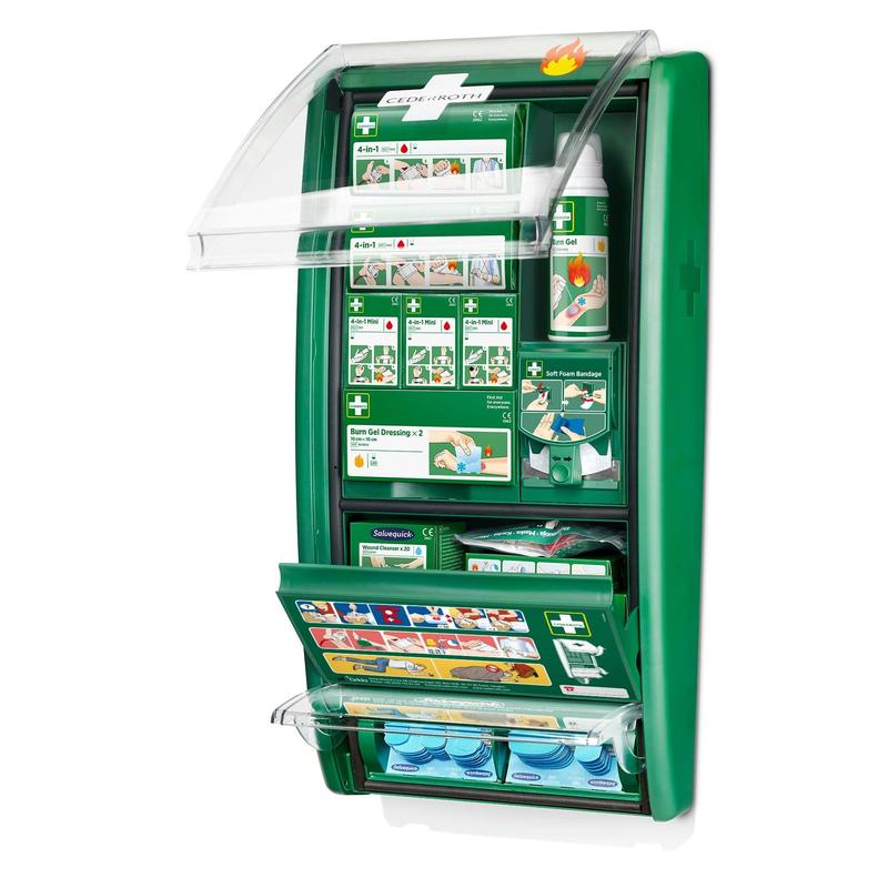 Stația de prim ajutor și arsuri Cederroth de la Orkla Wound Care AB este un set verde montat pe perete, într-un pachet cu compartimente pentru arsuri, geluri și bandaje, precum și o instrucțiune ilustrată pe capac și în compartimente.