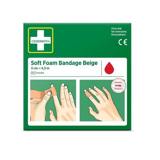 O cutie verde cu inscripția „Cederroth soft foam bandaj bej 3x450 cm | Pachet (1 buc.)” de la Orkla Wound Care AB, cu instrucțiuni pentru bandajarea degetelor, un simbol roșu în formă de picătură și textul: „Primul ajutor pentru toți. Oriunde.”
