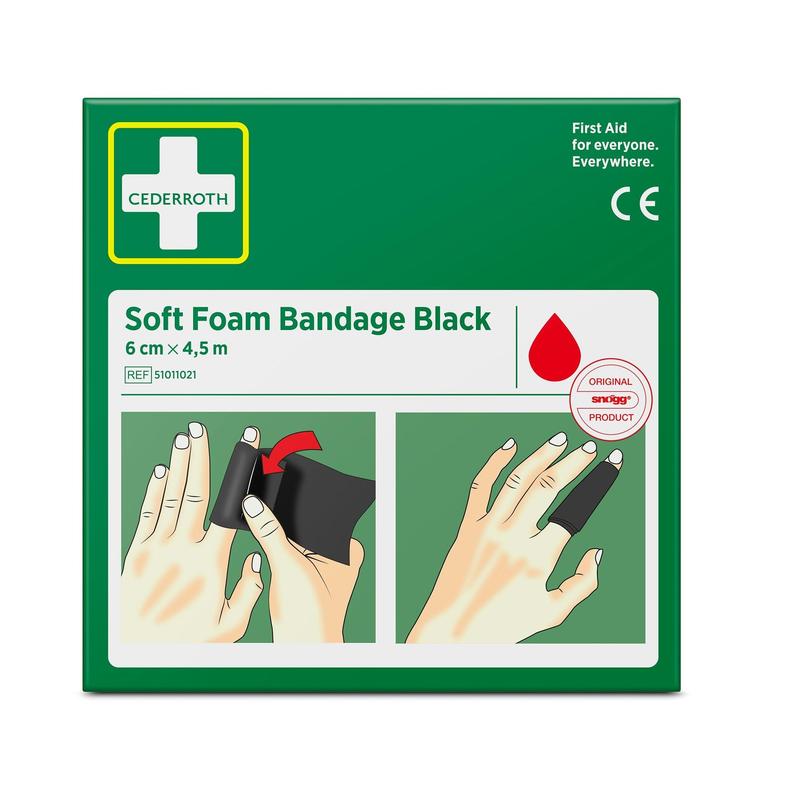 O cutie verde cu inscripția "Cederroth bandaj moale din spumă negru 6 cm x 4,5m | Pachet (1 bucată)" de la Orkla Wound Care AB arată imagini cu mâini care aplică un bandaj din spumă neagră, împreună cu informații despre produs și logo-uri.