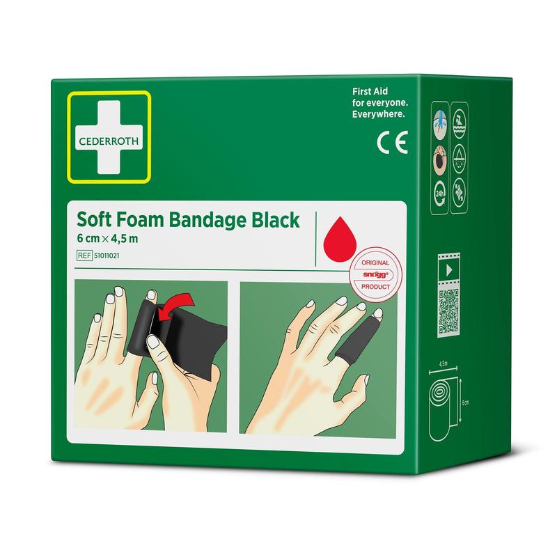 Grüne Schachtel von Orkla Wound Care AB Cederroth weiche Schaumstoffbinde schwarz 6 cm x 4,5m (1 Stück). Die Vorderseite zeigt Abbildungen von Händen, die eine schwarze Bandage um die Finger wickeln, mit Produktdetails in weißer und schwarzer Schrift.
