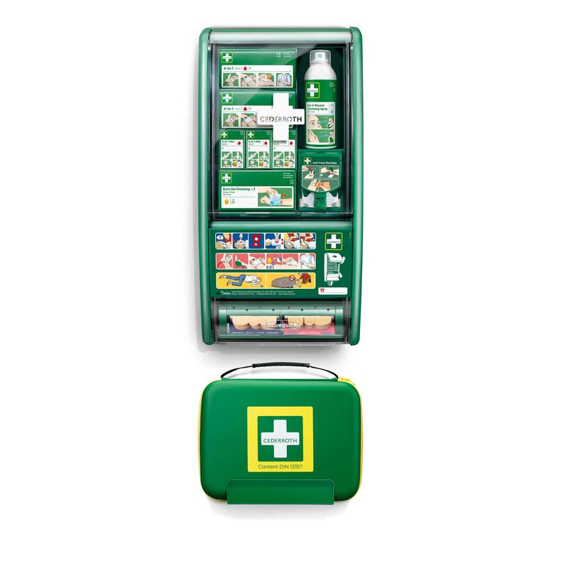 Orkla Wound Care AB Cederroth erste-hilfe-station din-set 13157 dispune de o stație de prim ajutor montată pe perete, de culoare verde, cu compartimente organizate și un kit portabil, ambalat într-o cutie (1 pachet).