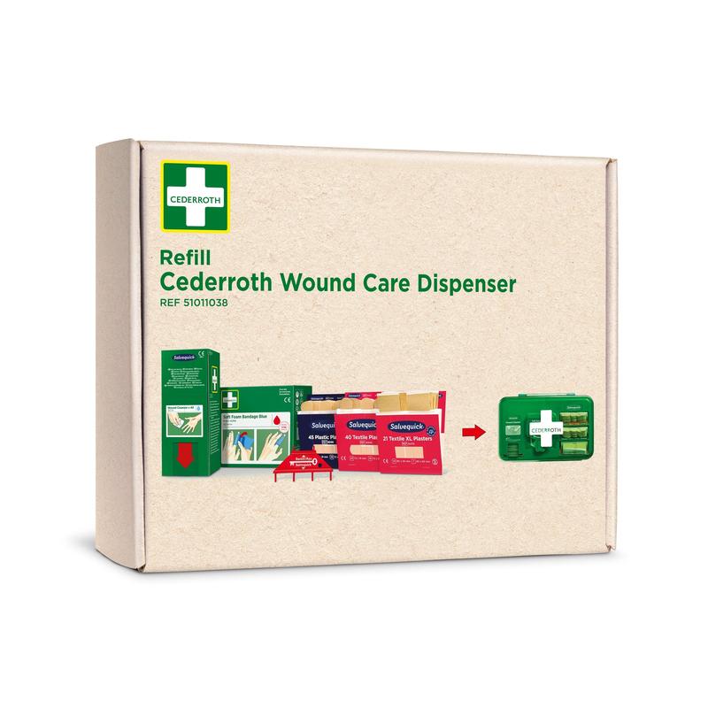 Ein Karton mit der Aufschrift "Cederroth First Aid Nachfüllpackung für Wundpflegespender REF 51011006" von Orkla Wound Care AB, der auf der Vorderseite verschiedene Erste-Hilfe-Produkte und einen grünen Spender zeigt.
