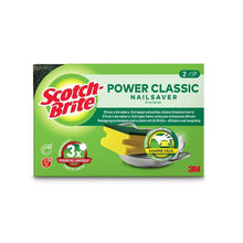 O cutie de bureți Scotch-Brite® Classic (2 bucăți pe pachet) de la 3M Deutschland GmbH, conținând doi bureți de culoare galben-verde, cu marca vizibilă, caracteristicile principale ale performanței de curățare și text în spaniolă, portugheză și germană pe fundal alb.