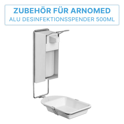 Die ARNOMED DISPENSER TROPFSCHALE der ARNOWA GmbH ist eine Tropfschale/Zubehör für den ARNOMED Seifen- und Desinfektionsmittelspender zum Auffangen von Tropfen unterhalb des Wandgerätes. Deutscher Text: "Zubehör für ARNOMED Alu Desinfektionsmittelspender 500ml.