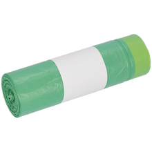 Abgebildet ist eine Rolle DEISS 52801 grüner Müllbeutel (20 Stück) der EMIL DEISS KG (GmbH + Co.) mit einem weißen Blanko-Etikett in der Mitte auf weißem Grund.