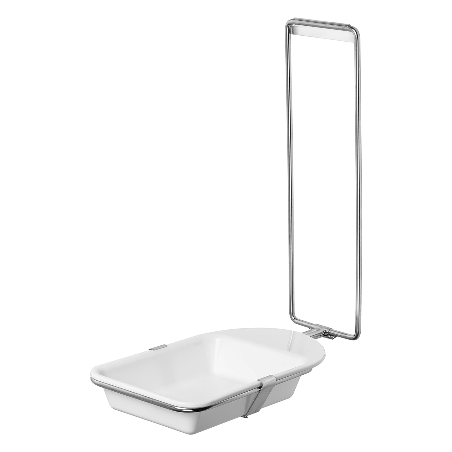 Die ARNOMED DISPENSER TROPFSCHALE der ARNOWA GmbH ist eine weiße, rechteckige Tropfschale mit hochgezogenen Rändern, die an einem aufklappbaren Metallrahmen befestigt ist und aufrecht steht. Ideal als Auffangschale für ARNOMED Seifen- und Desinfektionsmittelspender.