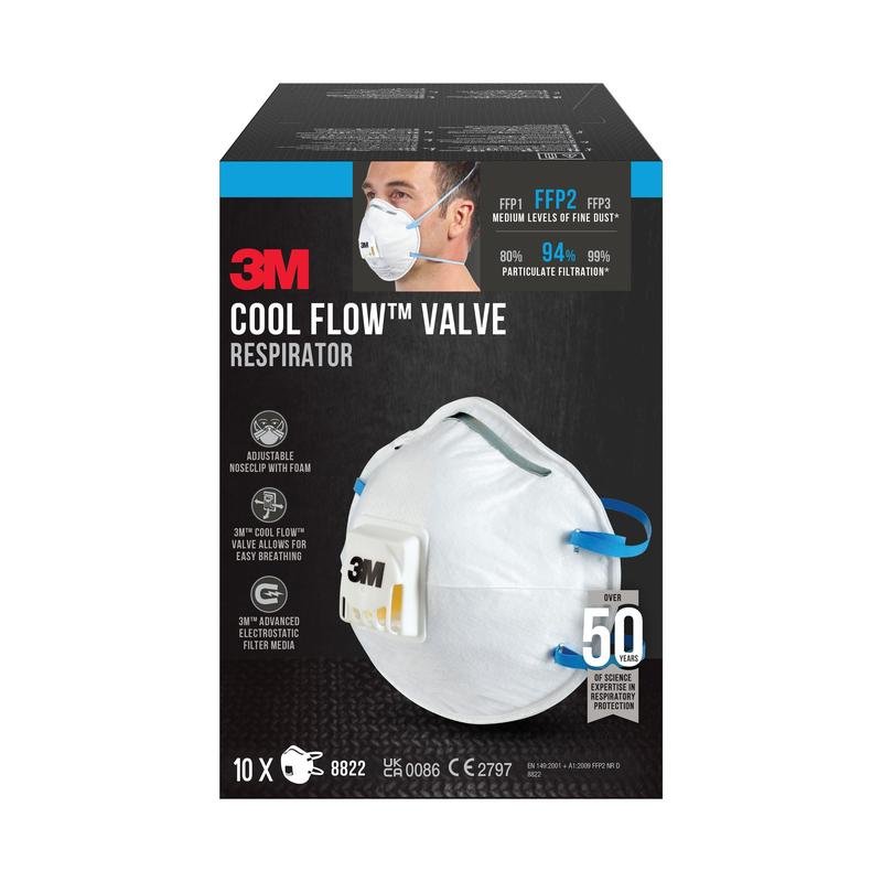 O cutie cu măști de particule 3M™ Cool Flow™ 8822, FFP2 cu supapă de la 3M Deutschland GmbH conține 10 măști, este prevăzută cu o imagine a măștii, evidențiază eficiența ridicată a filtrării și protecția și are o supapă Cool Flow™.