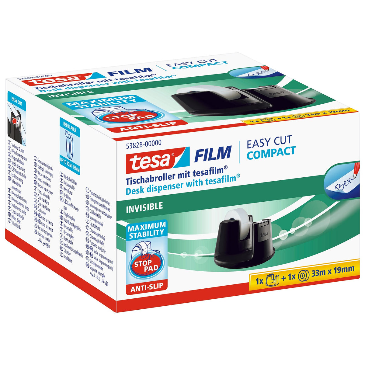 tesa Easy Cut Tischabroller Compact, schwarz Invisible, 33 m x 19 mm