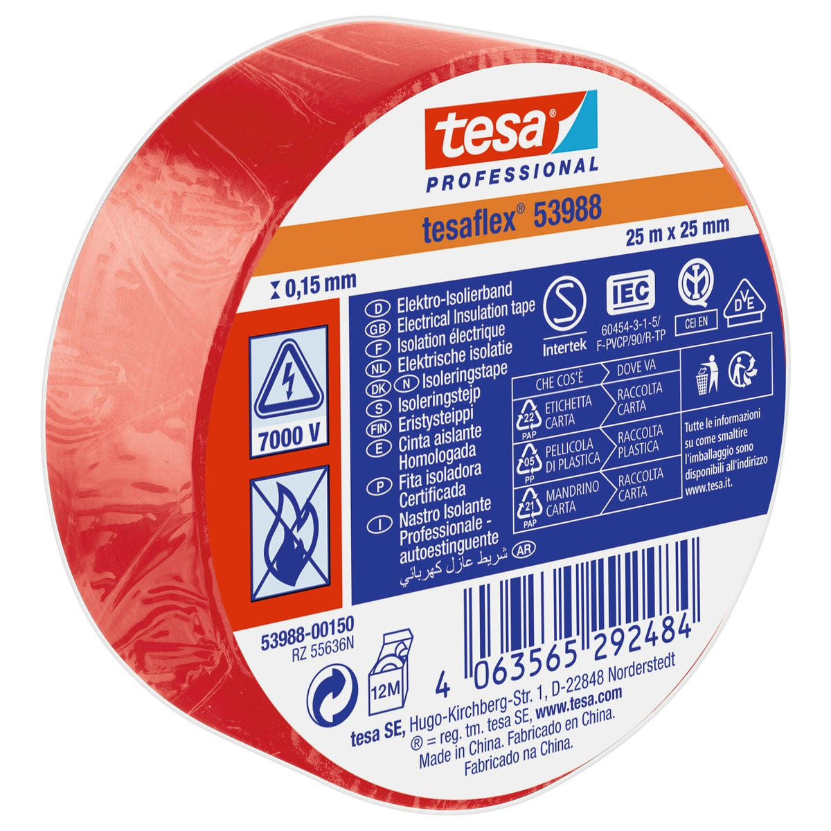 tesa Professional 53988 Isolierband 7000V rot, 25 m x 25 mm