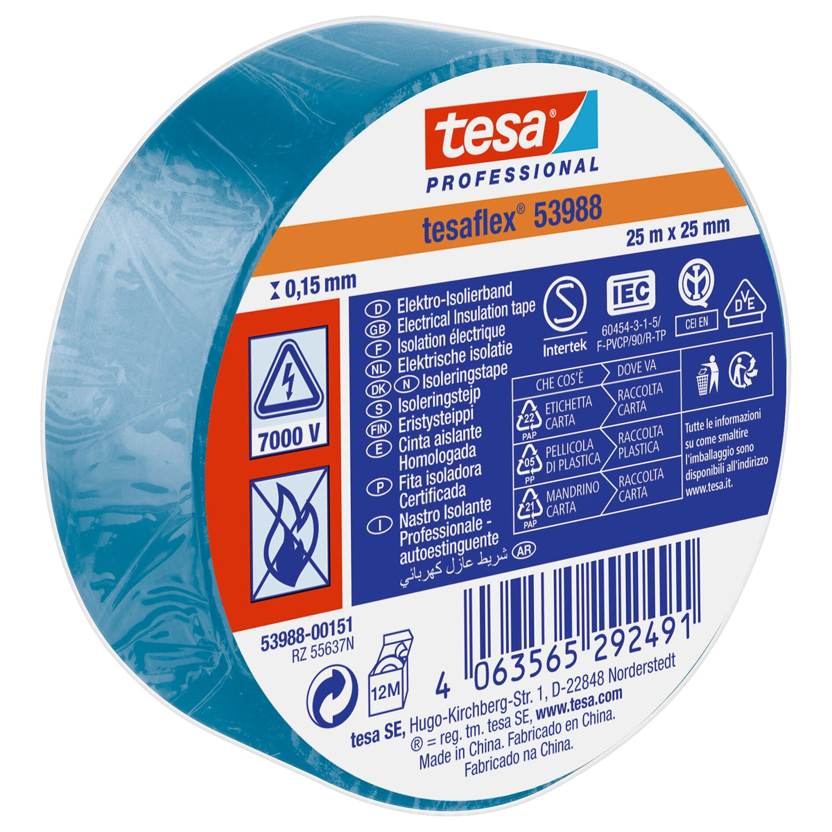 tesa Professional 53988 Isolierband 7000V blau, 25 m x 25 mm