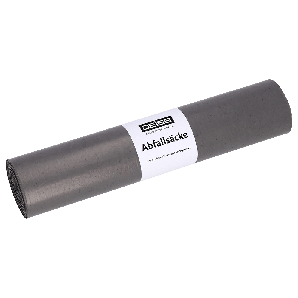 Un pachet de role de la EMIL DEISS KG (GmbH + Co.) DEISS 54014 saci de gunoi, 700x1100 mm tip 20 gri, rolă (50 bucăți), cu etichetă albă "DEISS" și "saci de gunoi", se află pe un fundal alb simplu.