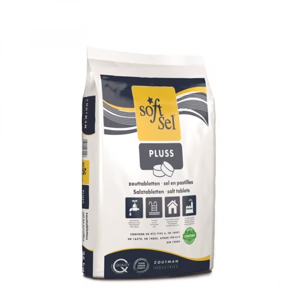 Un sac alb-galben de 25 kg cu inscripția „Tablete de sare” pentru dedurizarea apei este marcat cu text multilingv, simboluri de aplicații industriale și marca „Diversey Deutschland GmbH & Co. OHG” pe fund.