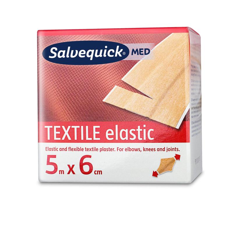 Plasturele textil Salvequick 6 cm x 5 m (1 bucată) de la Orkla Wound Care AB oferă o îngrijire elastică și flexibilă a rănilor - ideal pentru coate, genunchi și articulații.