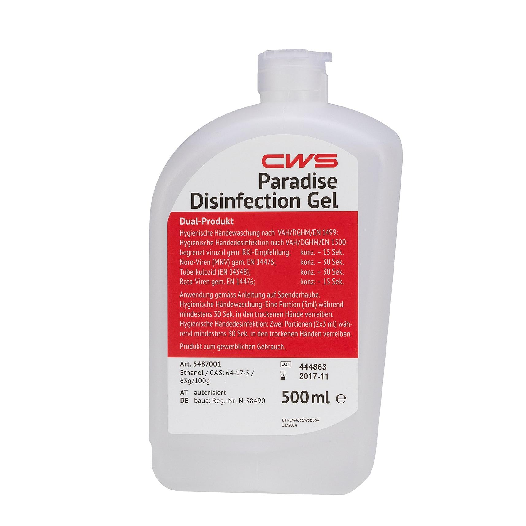 Weiße 500-ml-Plastikflasche CWS Desinfektionsgel zum PL Disinfect NT mit rotem Etikett und deutschem Text für die tägliche Handhygiene, mit Produktinformation und Anleitung. Marke: CWS.