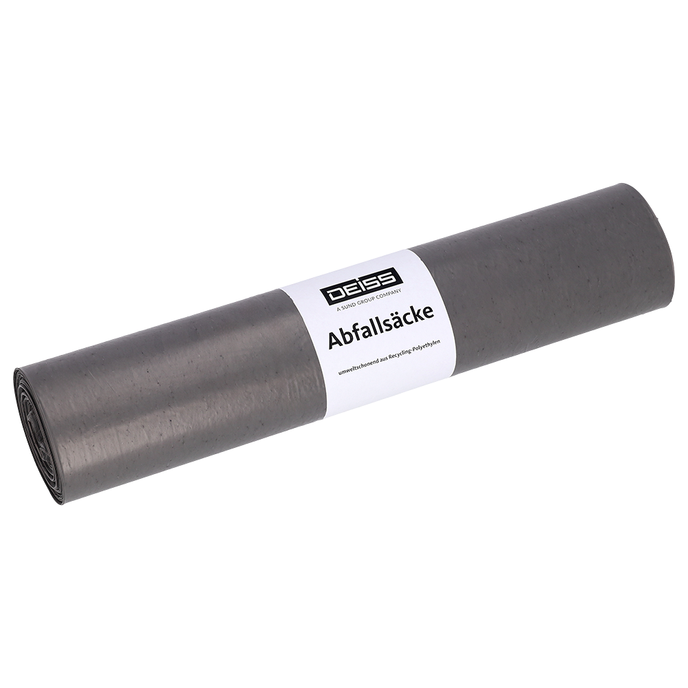 Eine aufgerollte Packung EMIL DEISS KG (GmbH + Co.) Müllbeutel, beschriftet mit "DEISS 54919 - 500x600x0,01 mm grau | Rolle (50 Stück)" auf einfarbig weißem Hintergrund.