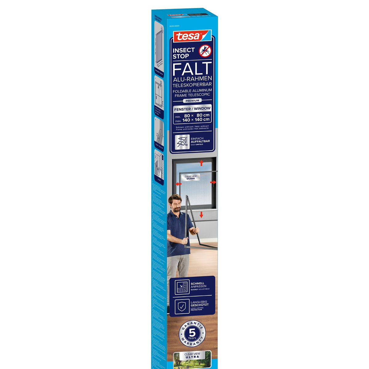 tesa INSECT STOP FALT Alu Rahmen teleskopierbar Premium für Fenster, 80 x 140 cm, anthrazit