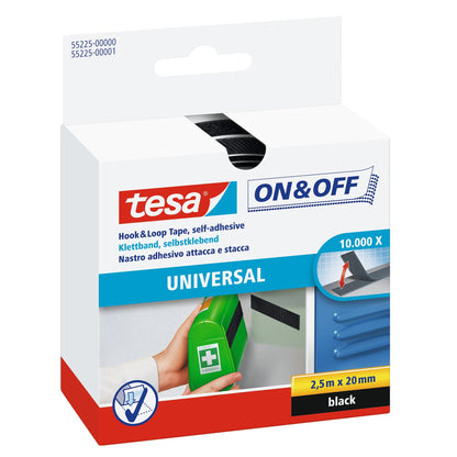 tesa On & Off Klettband zum Aufkleben, schwarz 2,5 m x 20 mm