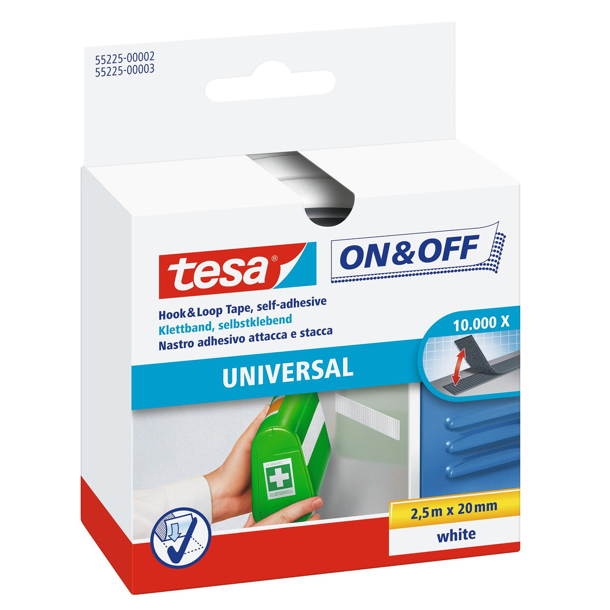 tesa On & Off Klettband zum Aufkleben, weiß 2,5 m x 20 mm