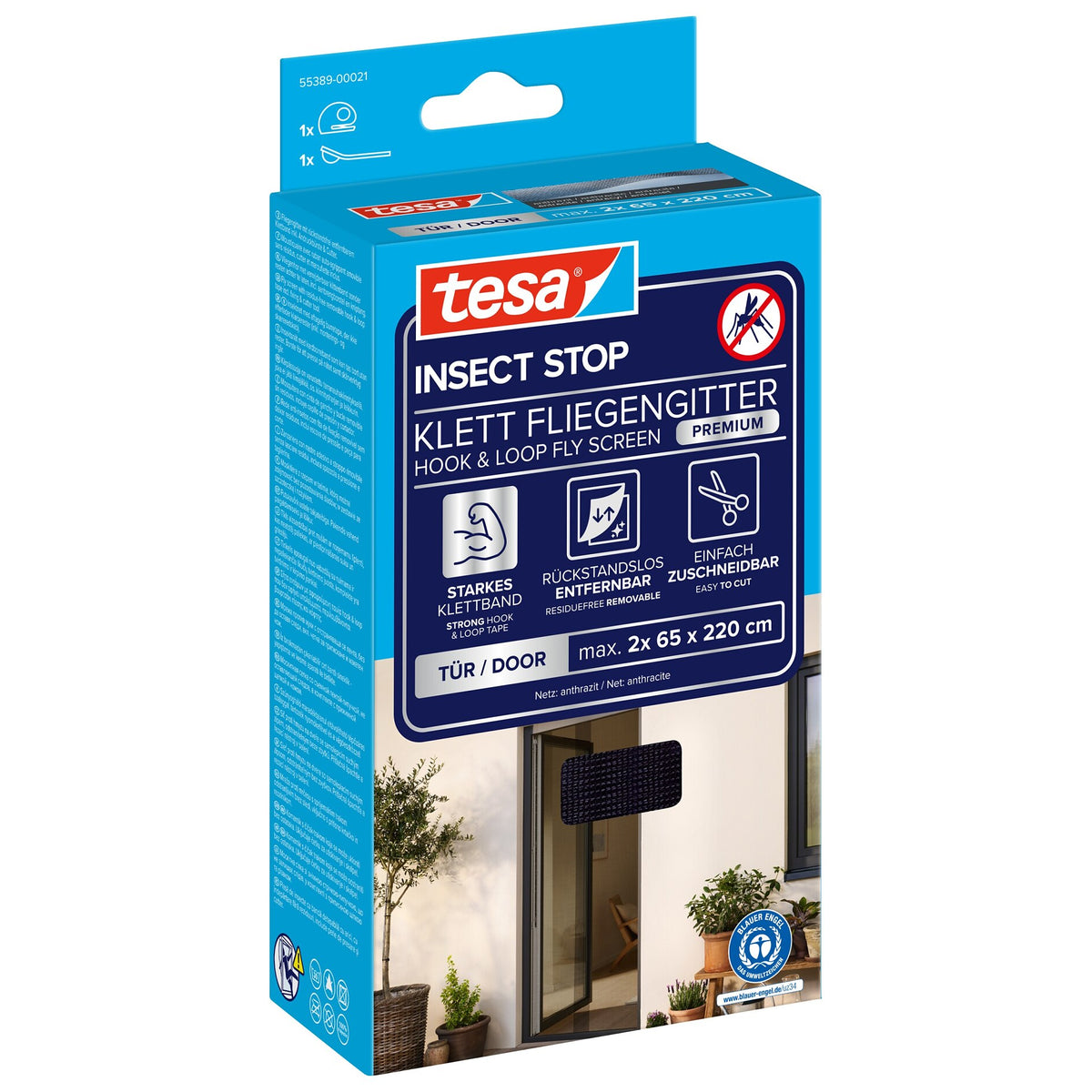 tesa INSECT STOP Klett Fliegengitter Premium für Türen anthrazit, 65 x 200 cm